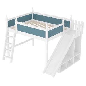 English Elm Full Loft Bed With Slide, Storage Shelves & Cabinet - Solid Wood Design For Fun & Organization! W1580S00246