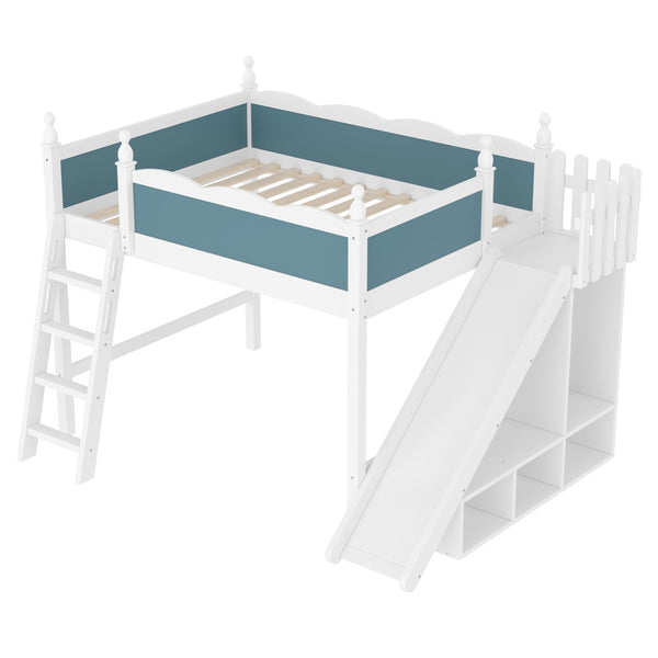 English Elm Full Loft Bed With Slide, Storage Shelves & Cabinet - Solid Wood Design For Fun & Organization! W1580S00246