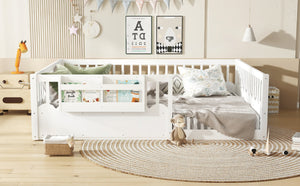 English Elm Queen Low Profile Kids Floor Bed with Guardrails Bookshelf and Pine Wood Frame White W1580P373142