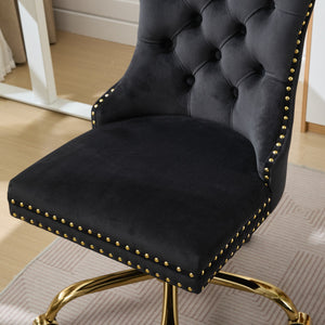 English Elm A&A Velvet Tufted Office Chair with Hand-Pulled Buttons, Nailhead Trim & Golden Metal Base, Luxe Comfort Black W1143P292465