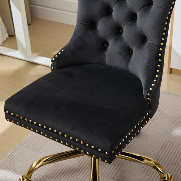 English Elm A&A Velvet Tufted Office Chair with Hand-Pulled Buttons, Nailhead Trim & Golden Metal Base, Luxe Comfort Black W1143P292465