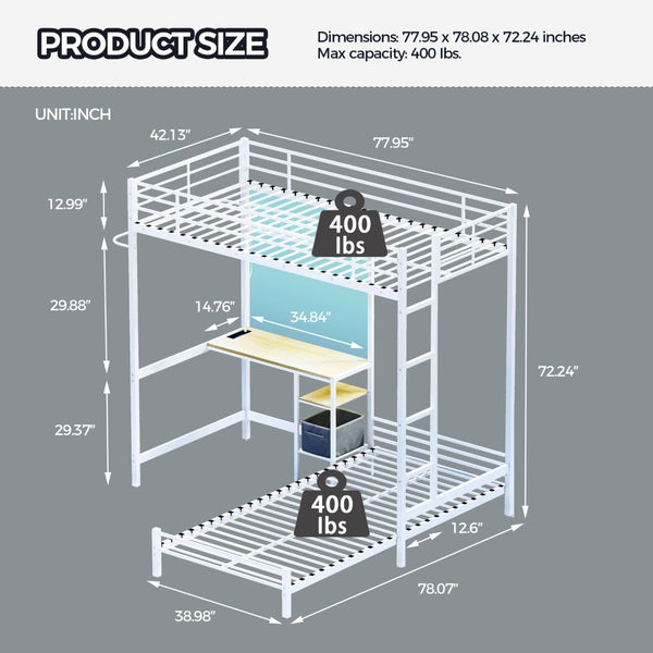 English Elm Metal Twin Over Bunk Bed with Full Guardrail Ladder and Convertible Iron Frame W3752S00005