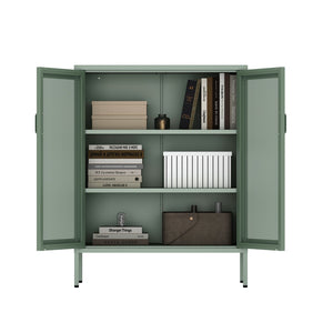 English Elm Amelia Metal Accent Cabinet 32" — Steel Mesh Doors, Adjustable Shelves, Minimalist Legs for Modern Storage Solutions Sage Green B365P397886