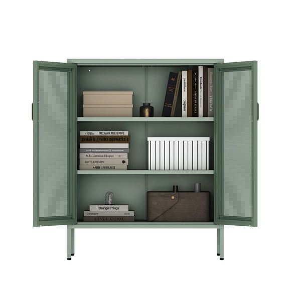 English Elm Amelia Metal Accent Cabinet 32" — Steel Mesh Doors, Adjustable Shelves, Minimalist Legs for Modern Storage Solutions Sage Green B365P397886
