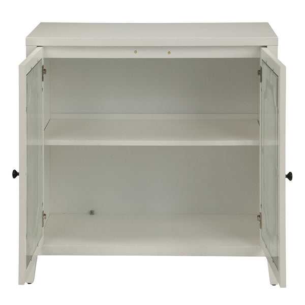 English Elm White Glass Door Console Table with Fretwork Design, Tapered Legs, Dust-Free Display & Storage (95) B062P185652