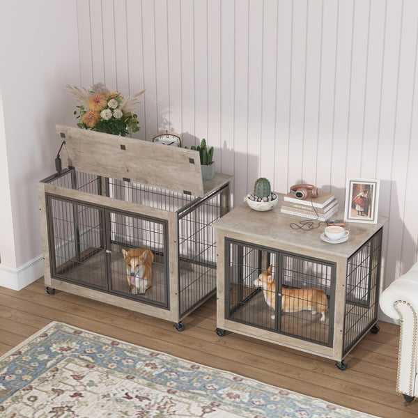 English Elm Furniture Style Dog Crate Side Table on Wheels with Double Doors, Lift-Top, Grey — Safe, Mobile, 38.58"w x 27.36"h W116291737