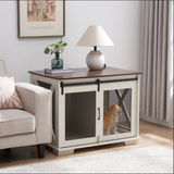 Farmhouse Dog Crate Furniture w/ Sliding Barn Door, Wooden Kennel End Table w/ Flip-Top Plate, Detachable Divider - White