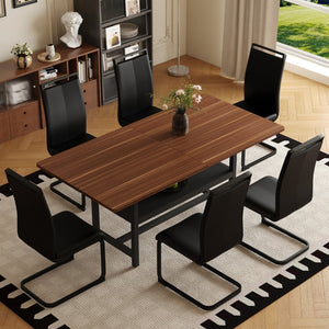 English Elm Table and Chair Set 71 Inch Walnut Grain Dining with 6 Pu Upholstered Seats Walnut+Black W1151S04278