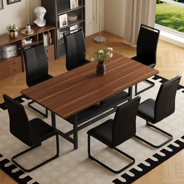 English Elm Table and Chair Set 71 Inch Walnut Grain Dining with 6 Pu Upholstered Seats Walnut+Black W1151S04278