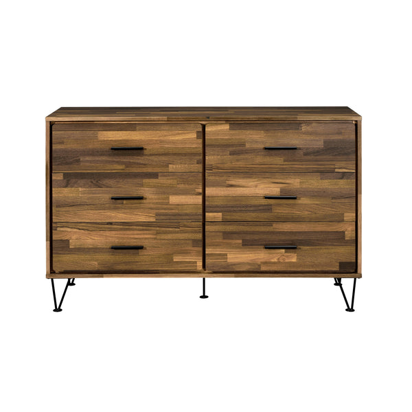 English Elm Hestia Walnut Finish Dresser with 6 Smooth-Glide Drawers, Storage Headboard & Metal Legs for Modern Bedrooms B2726P256300