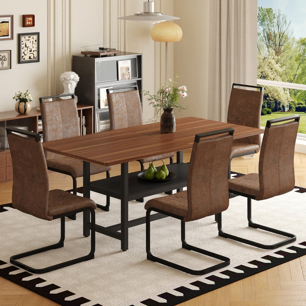 English Elm Table and Chair Set 71 Inch Walnut Grain Dining with Six Brown Fabric Seats W1151S04282