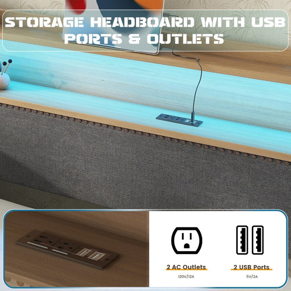 English Elm Twin Size Daybed And Trundle Set With Charging Station, Led Lights, Gray Upholstered Design, Modern Look W1580S00044-GIGA