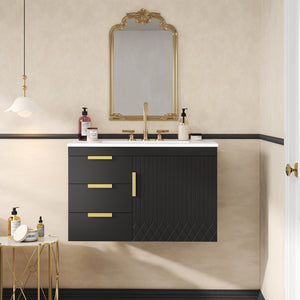 English Elm 30" Wall Mounted Bathroom Vanity with Ceramic Basin Sink, Floating Storage, Soft-Close Doors, Modern Elegance Black N710P324096B