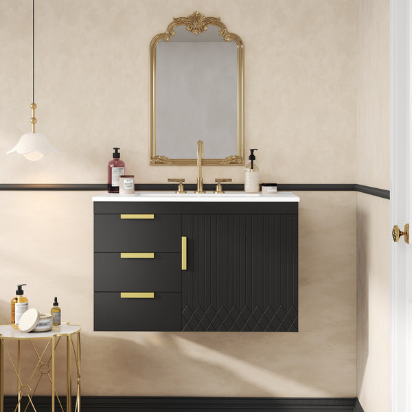 English Elm 30" Wall Mounted Bathroom Vanity with Ceramic Basin Sink, Floating Storage, Soft-Close Doors, Modern Elegance Black N710P324096B