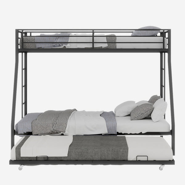 English Elm High Strength Iron Bunk Bed with Rolling Trundle Minimalist Queen Frame for Three W1935P360876