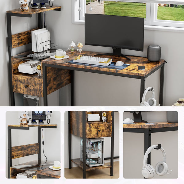 English Elm Computer Gaming Desk with RGB LED Lights, Reversible 4-Tier Shelves, Drawer & Headphone Hook, Space-Saving Workstation Brown W578P191951
