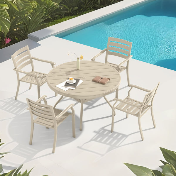 English Elm 5-Piece Outdoor Patio Dining Set – Stylish Round Metal Table & 4 Stackable Chairs For Gardens, Decks W213S00054
