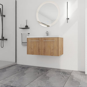 English Elm 36 Inch Floating Bathroom Vanity with Resin Sink, Soft-Close Doors, KD Pack, Modern Storage Design W999P188200
