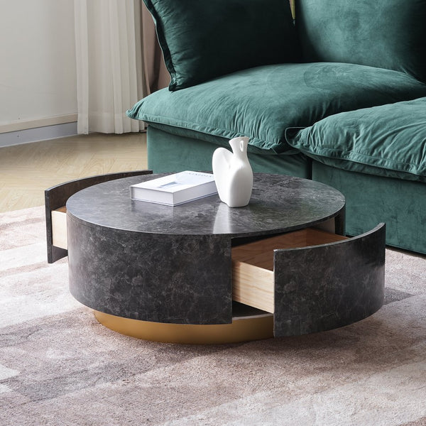 English Elm Tavola Round Coffee Table with Marble Pattern Top and Metal Legs, Two Drawers for Stylish Storage Brown B341P321163