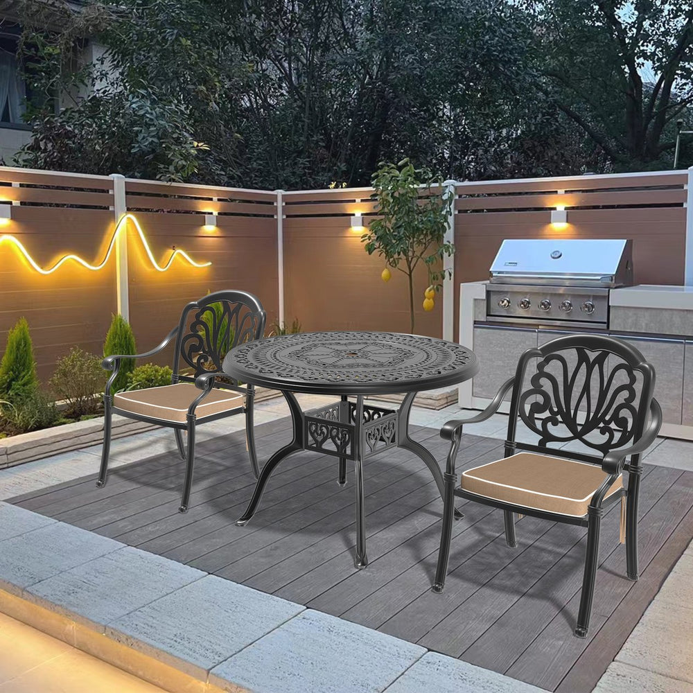 English Elm 3-Piece Elegant Cast Aluminum Patio Set With Brown Cushions – Stylish, Durable, Ideal For Small Spaces W1710S00061