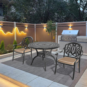 English Elm 3-Piece Elegant Cast Aluminum Patio Set With Brown Cushions – Stylish, Durable, Ideal For Small Spaces W1710S00061