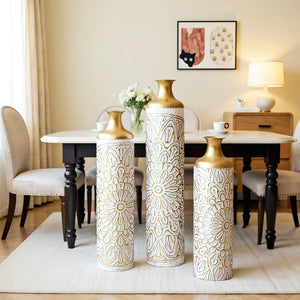 English Elm Floor Glam Metal Vase Set 3-Piece Gold & White Droplet Sculptural Floor Vases Tall Modern Décor W2796P321401