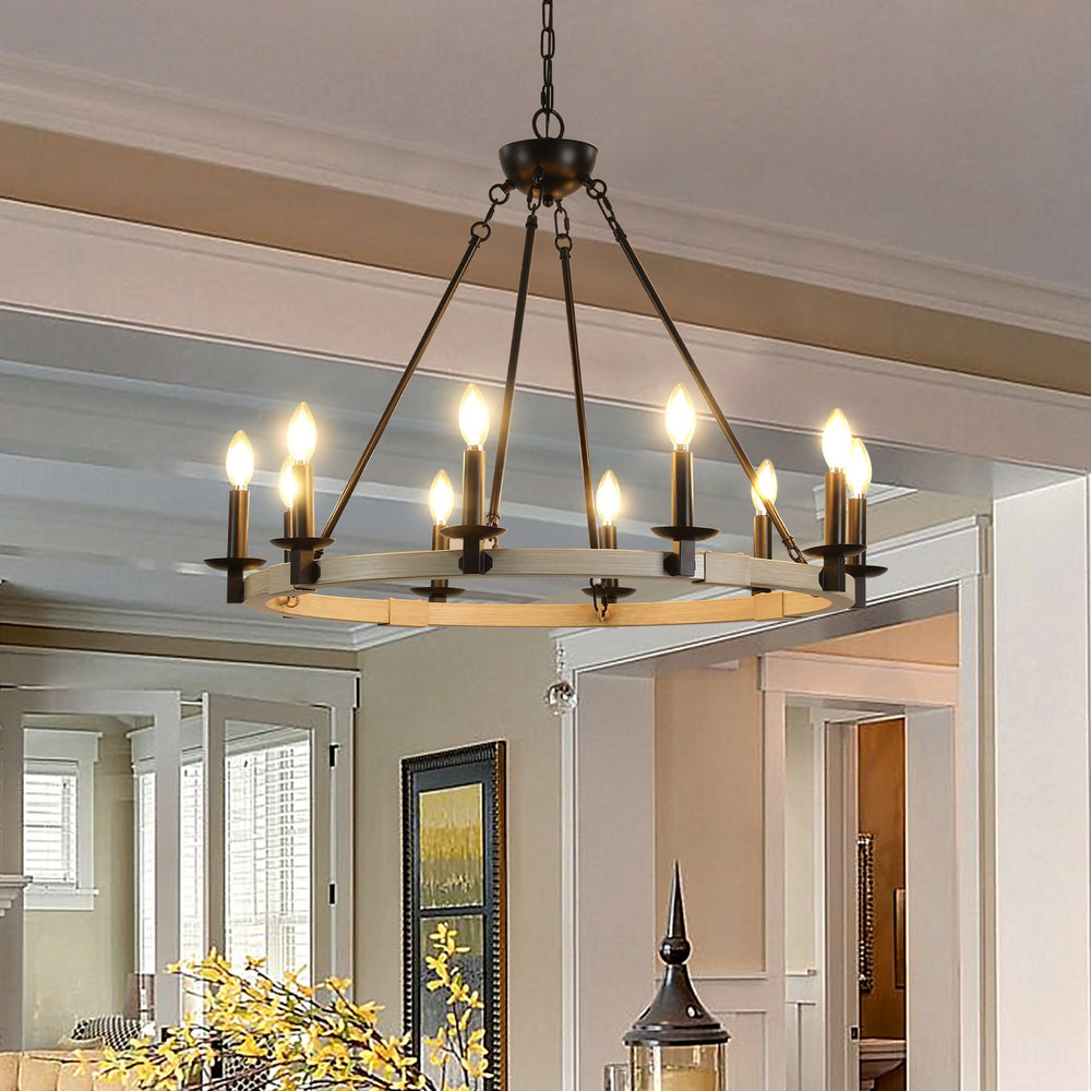 English Elm 32" Rustic Farmhouse 10-Light Chandelier in Matte Black & White Oak, Round Iron Wood Hanging Fixture W1340P221222