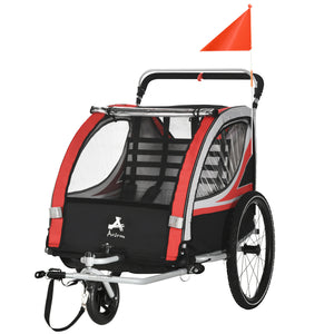 English Elm Aosom 2-in-1 Walk Ride Kids Bike Trailer & Stroller, 2-Seat Weatherproof Wagon with Flag, Red W2225P216990