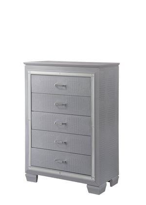 English Elm 1pc Modern Five Drawer Tall Chest with Beveled Mirror, Faux Crystal Hardware, Croc-Embossed Finish Silver 40.94 L x 20.43 W x 55.43 H B2741P326188