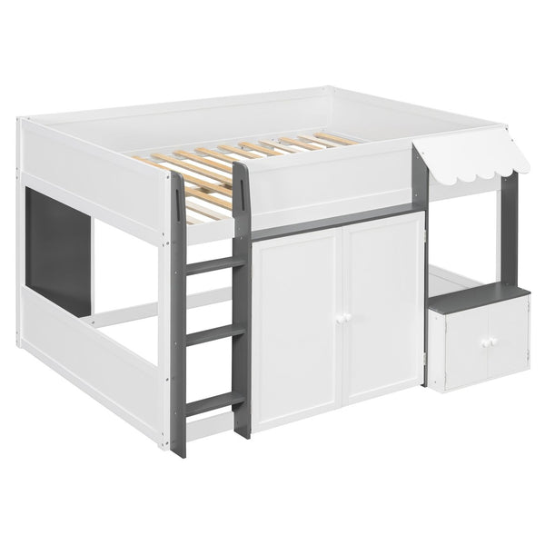 English Elm Twin House Loft Bed with Pull Out Rolling Desk Stair Drawers and Cabinet Storage White+Gray N820S00074E