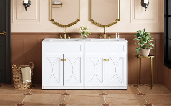 English Elm 60'' Bathroom Vanity Set With Glossy Ceramic Sink, Modern Cabinet, Gold Handles & Soft-Close Doors N710SS00005K