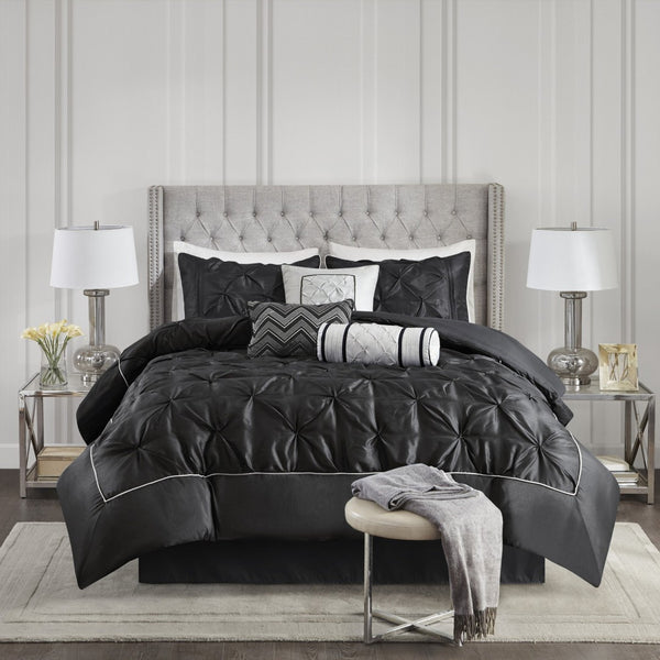English Elm 7-piece Cal King Tufted Pleated Comforter Set with Embroidered Decorative Pillows Included B035P463178
