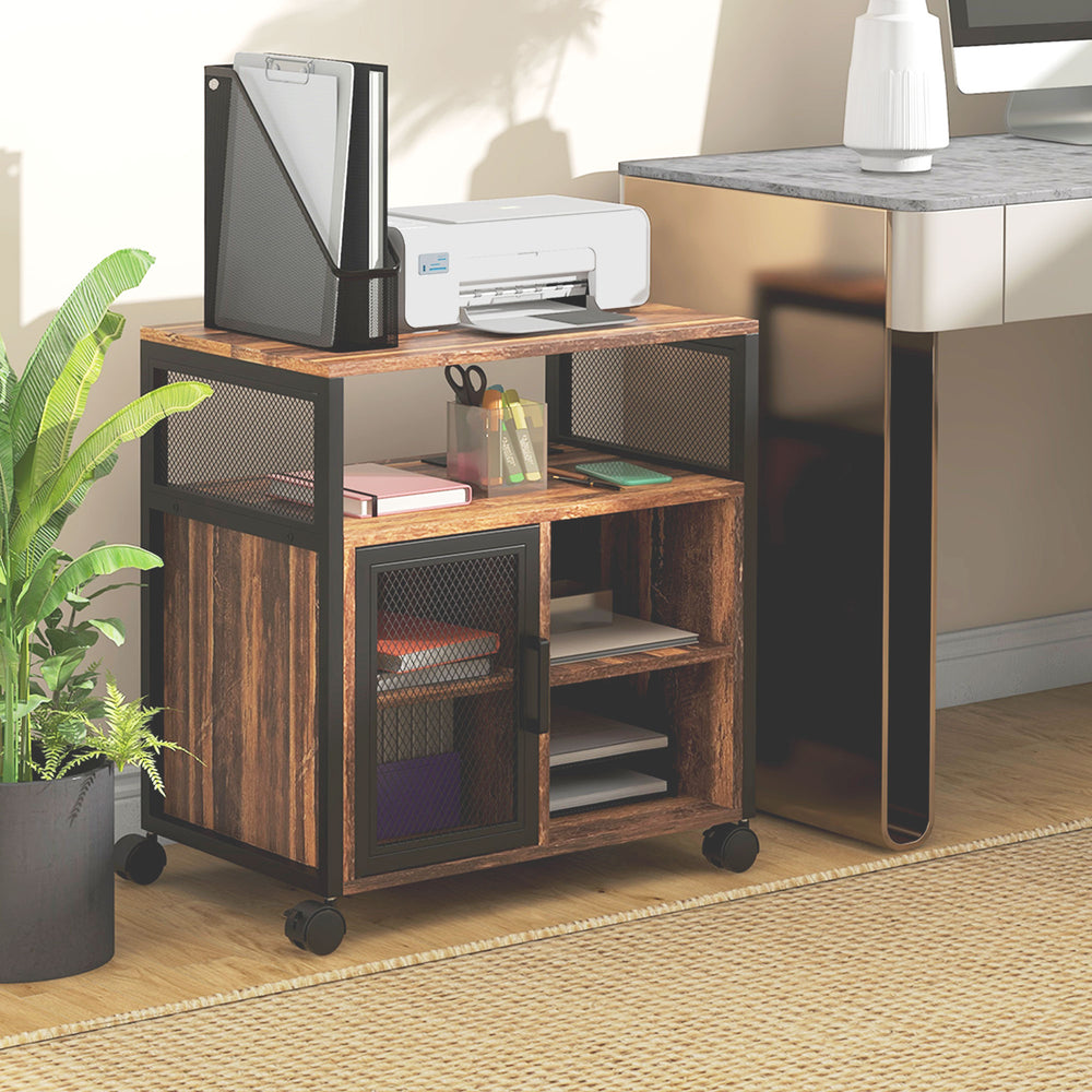 English Elm Vinsetto Rustic Brown Mobile Printer Stand with USB & AC Outlets, Adjustable Shelves, Wheels W2225P173911