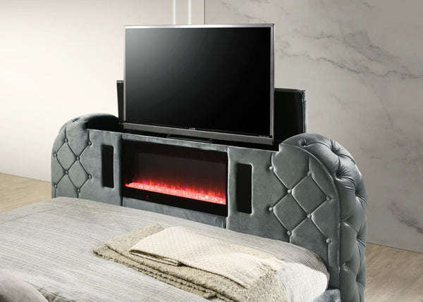 English Elm Gray Velvet Queen Bed with Motorized Tv Lift Fireplace Led Lighting and Tufted Frame B2756S00007