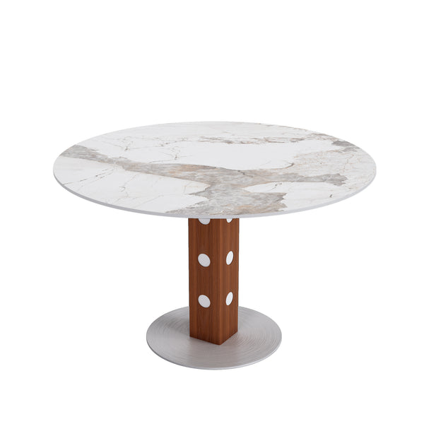English Elm 2-4 Farmhouse Round Solid Wood Dining Table with Sintered Stone Top, Walnut & White, Durable Design T3833S00063 T3833S00063