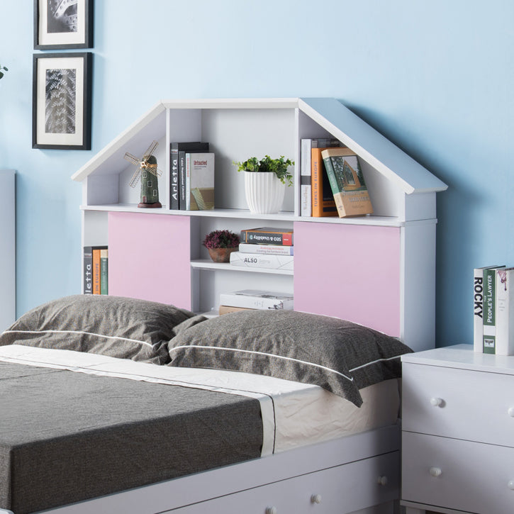 English Elm Full Size Bookcase whimsical cottage headboard with seven cubby shelves, two sliding pink doors, white B107P402815