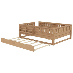 English Elm Twin Kids Platform Bed with Trundle Staircase Bookshelf and Rounded Safety Rails Natural W1580S00561