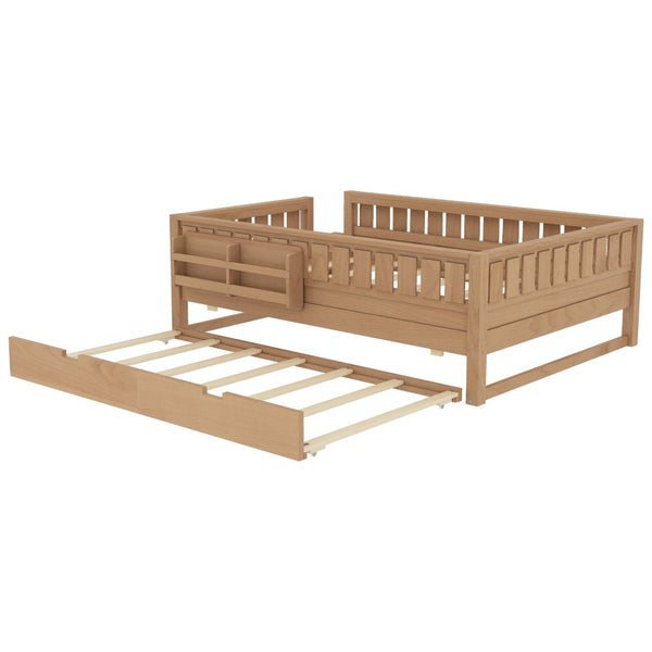 English Elm Twin Kids Platform Bed with Trundle Staircase Bookshelf and Rounded Safety Rails Natural W1580S00561