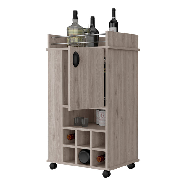 English Elm Farson Light Gray Bar Cart with 2 Side Shelves, 6 Wine Racks, Cabinet & Smooth Casters for Entertaining B128P176136