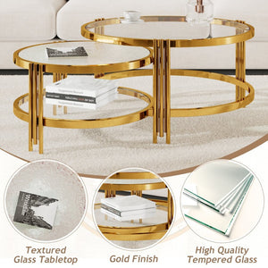 English Elm Modern Nesting Coffee Table Set Textured Tempered Glass Gold Tripod Base Living Room N735P354005A