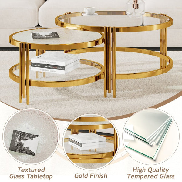 English Elm Modern Nesting Coffee Table Set Textured Tempered Glass Gold Tripod Base Living Room N735P354005A