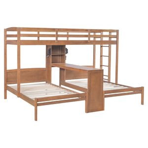 English Elm Twin Triple Bunk Bed with Built in Desk Open Shelving and Led Task Lighting Natural N7090002243N
