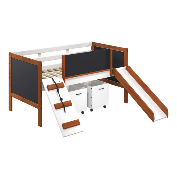English Elm Cherry Cherry Oak and White Twin Loft Bed with Slide, Left Ladder, Blackboard Panels, 13-Slat Support B062S00462