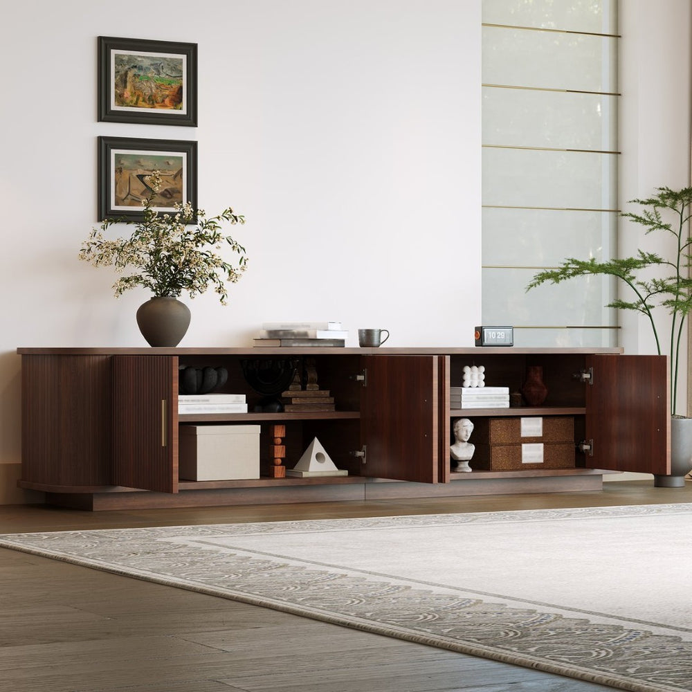English Elm 70-inch Media Console with Sliding Groove Doors Solid Pine Legs and Cable Management N710P427898P