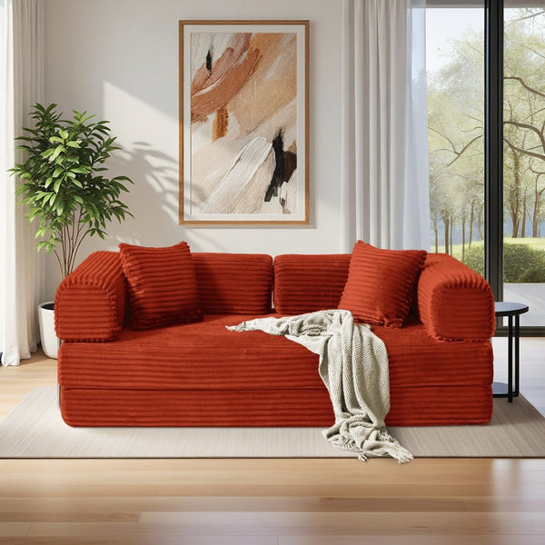 English Elm Compression Foldable Floor Sofa Bed Corduroy Futon with Foam Support for Small Spaces Orange W3716P379191