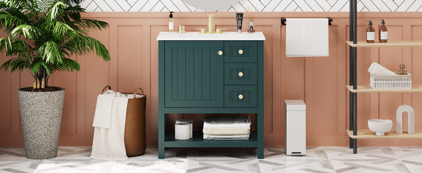 English Elm 30inch Transitional Bathroom Vanity Cabinet Combo with Ceramic Sink, Green Solid Wood MDF, 30"W x18"D, 3pc Storage WF320826AAF