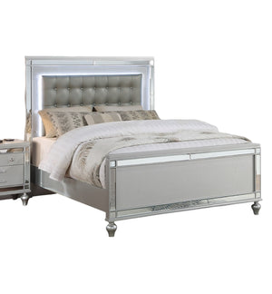 English Elm Beautiful Tufted Faux Leather Queen Bed with LED Lighting, Mirror Panels, Gourd Legs, Glamorous Design Silver 84 L x 47 W x 6 H B011S01406