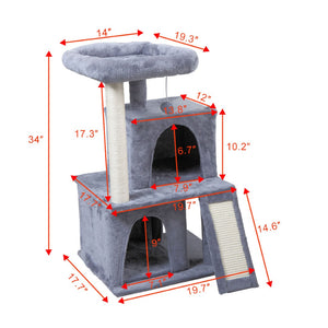 English Elm Double-layer Cat Tree with Sisal Ladder Flannel Houses and Pompom Toy for Small Spaces W2181P357568