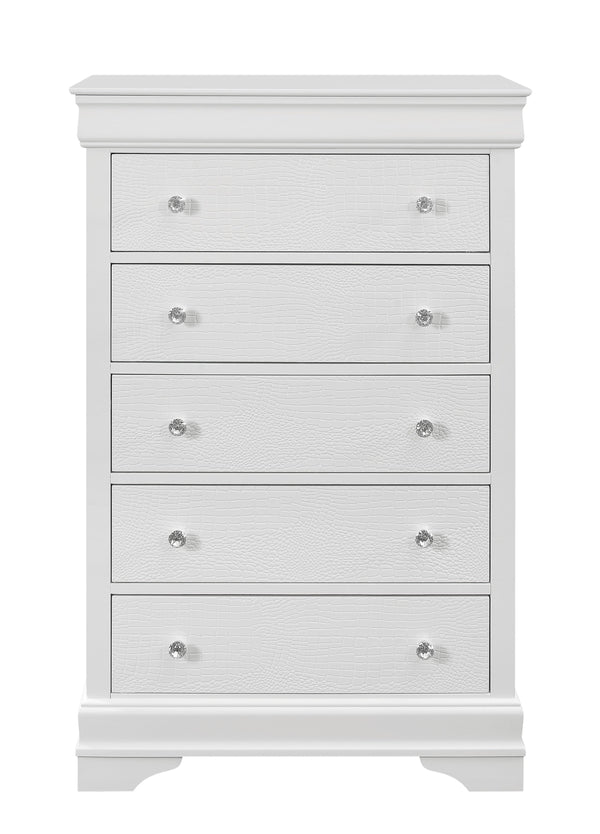 English Elm SHAKER Crocodile Textured Chest with Crystal Hardware, Solid Wood & MDF, Contemporary Tapered Legs White 34.45 L x 18.9 W x 51.57 H B201P215904