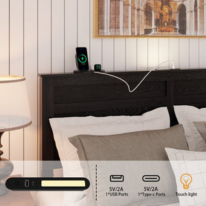English Elm Full Farmhouse Platform Bed Upholstered Wood Frame with Led Lighting and Charging Ports W636P263895